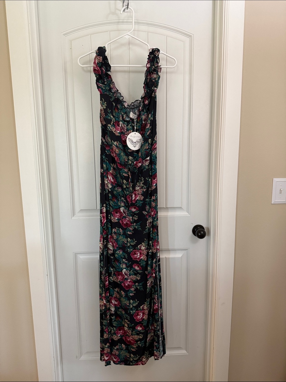 Auguste The Label Strapless Black Floral Maxi Dress with Pink & Green Flowers